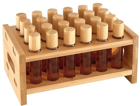 OSZKO Bamboo Perfume Holder Compatible with Scentbird (Refill Vials ONLY, Not for Cases), Ultra-Sturdy Roller Ball Organizer Stand, 24 Slots for Perfume Oils, Lip Gloss, Lipstick, Essential Oil