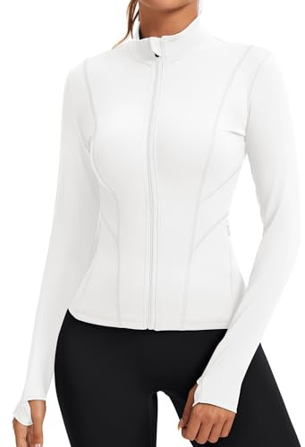 Rapbin Women's Running Jacket Long Sleeve Gym Sports Gym Tops Zip Workout Yoga Running T-Shirt Fitness Zip Activewear with Thumb Holes(White,XL)