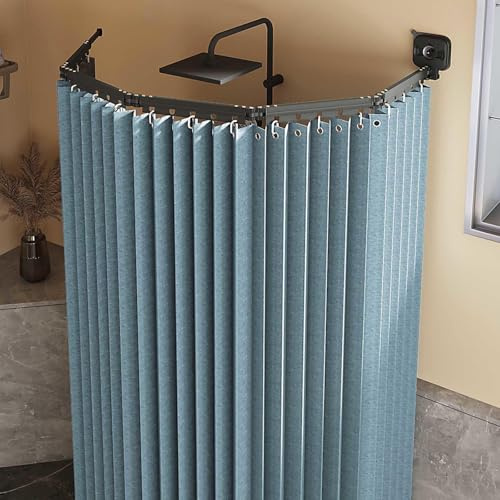 HLTQL Duschvorhang Ohne Bohren,duschvorhangstange L/u Form Und Starker Saugnapf, Faltbarer Duschvorhänge Anti Schimmel Wasserdicht/waschbar Für Eckdusche, Shower Curtains,Blue-3-Folds