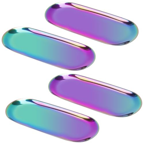 SYUTBOU 4 Stück 23 x 9,5cm Bunt Ovales Edelstahl Tablett, Serviertablett aus Edelstahl, Oval Kerzentablett für Kerzen, Desserts und Schmuck