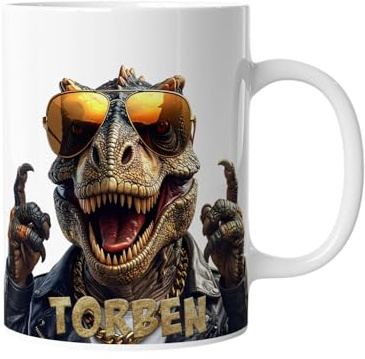 Personalisierte Kaffeetasse Lustiger Dinosaurier mit Sonnenbrille | Keramik Becher mit Namen – lustige Tiermotiv Tasse, Geschenkidee für Männer, Frauen, Kinder & Kollegen – spülmaschinenfest, 330ml