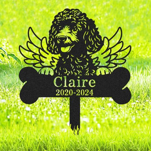 Custom Dog Poodle Memorial Grave Marker Personalized Metal Pet Wings Memorial Garden Stake Sympathy Gifts, Customized Remembrance Stake Dog Loss Memorial Sign Burial Marker with Name & Date