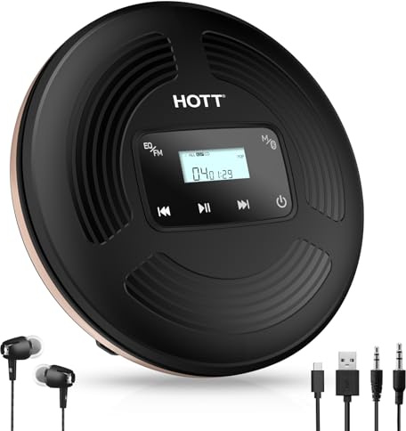 HOTT Lecteur CD portable 1800 mAh Lecteur CD rechargeable avec Bluetooth et émetteur FM Idéal pour les voyages, la maison et la voiture avec écouteurs stéréo et design résistant aux chocs (noir)