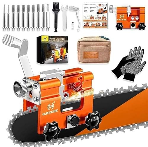 OMCCHK Universal Chainsaw Sharpener Jig with Bag and Gloves, Portable Chain Saw Sharpener Tool with 10 Sharpening Shanks, Manual Chainsaw Sharpening Kit for 4-22 Electric Chain Saw