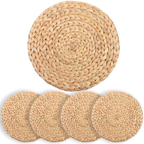 Water Hyacinth Round Placemats Set Of 4, Boho Woven Placemats, Plate Chargers, Place Mats Indoor, Individuales Para Mesa De Comedor, Rattan Chargers For Dinner Plates 11.8 Inch (34cm_Round_Set 4)
