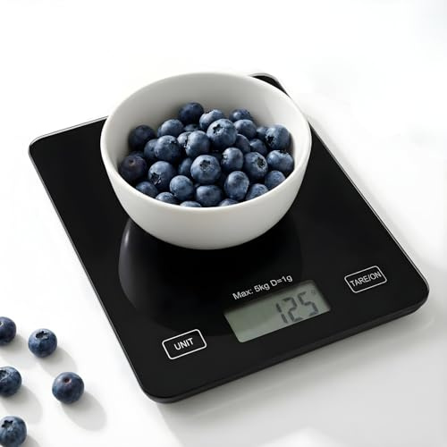 Báscula de cocina digital 1g–5kg con función TARA, cristal negro templado, pantalla LCD clara, controles táctiles y base antideslizante para repostería y peso de cocina preciso