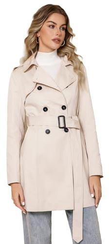 DIASHINY Women's Double Breasted Trench Coat Classic Lapel Windbreak Midi Slim OuterWear With Belt Buckle Beige M