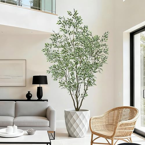 Artificial Ficus Tree 8FT - Tall Faux Banyan Ficus Tree with Lifelike Leaves & Trunks in White Planter, 96 Large Tropical Fake Tree for Home Office Living Room Mall Porch Indoor Outdoor Decor