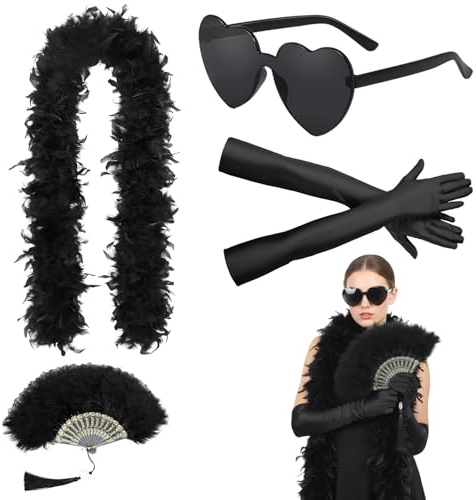 Federboa Schwarz, Federboa Set mit 4 Teilen, Vintage-Stil Accessoires für Abendveranstaltungen, Schwarze Federboa mit Herzförmiger Sonnenbrille, Handschuhen und Fächer, Elegante 1920er Jahre Design