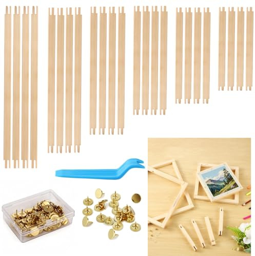 24-teiliges Holz-Leinwand-Spannrahmen-Set mit Reißzwecken, Aufbewahrungsbox und Reißzweckenentferner, Ölgemälde-Rahmenset mit 6 Größen, Holzrahmenleisten, Holz-Leinwand-Spannrahmen für Stickereien