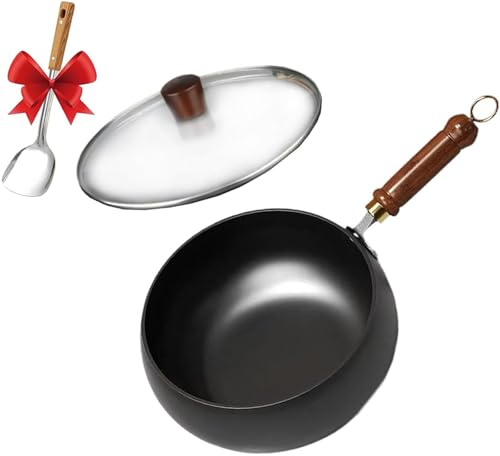 Padella In Ghisa Antiaderente Con Coperchio, Grande Pentola Martellata Fatta A Mano, Wok Multiuso, Non Rivestito/Grande Capacità A Prova Di Fuoriuscite, Per Stili Culinari M 26CM glass lid