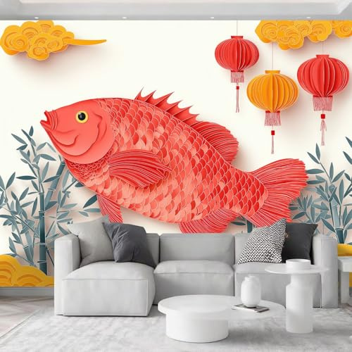 Fotomurales Tejido No Tejido 200 x 140 cm - Papel Pintado Fotográfico Lindo Recortes De Papel Estilo Chino Animales Murales Rojo Póster para Niños Juvenil Salón Dormitorio Decoración Del Hogar