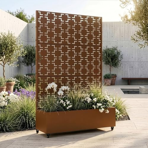 casa.pro Blumenkasten mit Sichtschutz Aaskis Pflanzkübel mit Rankgitter Metall Pflanzkasten Balkon 190 hoch Outdoor Trennwand mit Rollen Garten 190 x 120 x 38 cm Braun