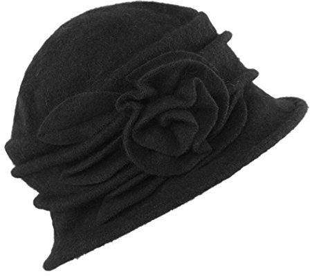 West See Damen Vintage Wolle Cloche Bucket Hut Beret Topfhut mit Blumendetail Wintermütze (schwarz)