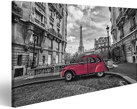 Bild Bilder auf Leinwand Eiffelturm in Paris und roter Retrowagen in schwarz-weißem Farbschlüssel Wandbild, Poster, Leinwandbild QSQ
