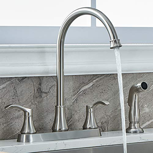 VALISY 3 Hole or 4 Hole Two Handle Kitchen Faucet with Side Sprayer, Commercial Lead-Free Brushed Nickel Kitchen Sink Faucets for Rv Sinks with High-Arc Spout & Side Sprayer, VADR0004L