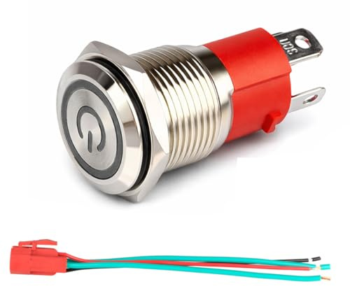 GUUZI 220V-230V / 15A Interruttore a Pulsante a Scatto NO Impermeabile LED Bianco Illuminato Pulsante di Avviamento in Metallo da 16 mm con Presa di Corrente