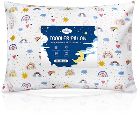 Småbarnskudde, 13 x 18 mjuka babykuddar för att sova, maskintvättbar barnkudde med bomullskudde, perfekt för resor, barnsäng (glad solig regnbåge)