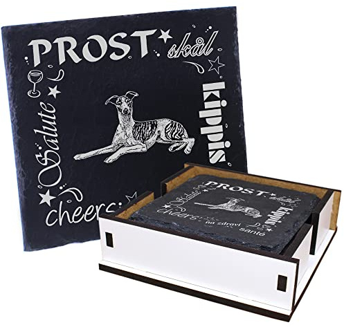 5X Schiefer Untersetzer - Prost Whippet - inkl. Holzbox & Flaschenuntersetzer Deko Glasuntersetzer Tassenuntersetzer