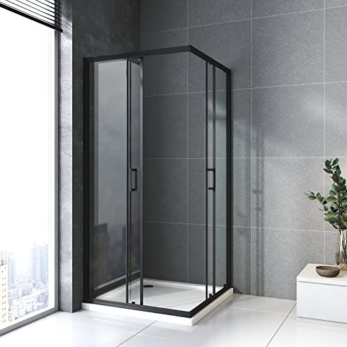 Duschkabine 80 x 80 Schwarz, Duschabtrennung Eckeinstieg Duschtür Dusche mit 6mm Sicherheitsklarglas Eckeinstieg Doppel Schiebetür Duschschiebetür Duschabtrennung Duschwand, Höhe: 185cm