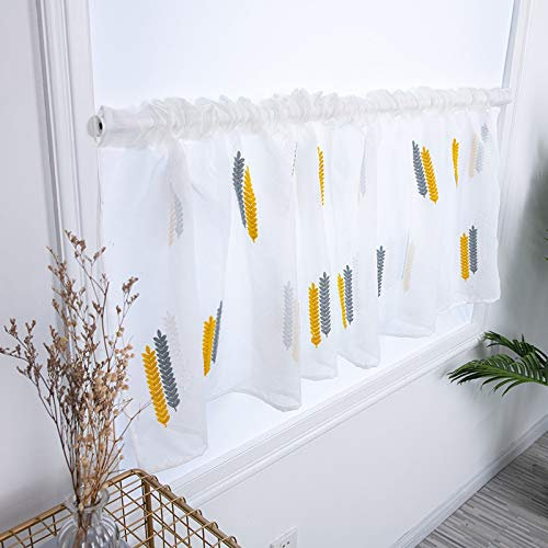 Devola Küche Scheibengardine transparent Leinenoptik Kurzgardine botanisches Muster Stickerei Bistrogardine Fertiggardine Kleines Fenstervorhang Landhaus Kurzstore HxB 30x90cm Gelb 1er Pack