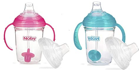 Nuby No Spill 360 Tasse lestée avec paille Grip N' Sip Tritan avec couvercle hygiénique, 237 ml, gobelet d'apprentissage (rose/bleu sarcelle)