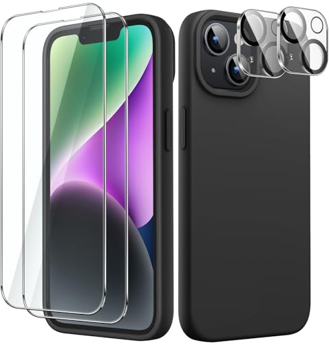 JETech 5 i 1 Silikonskal för iPhone 14, Svart | med 2-Pack Skärmskydd och 2-Pack Kameralinsskydd, Full Täckning Härdat Glas Film, Stötskyddad Case