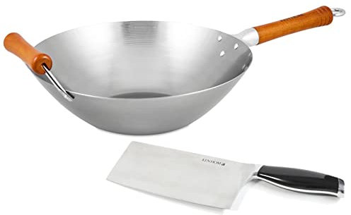 Ken Hom großer Wok 32 cm Induktion unbeschichteter Karbonstahl mit Buchenholz-Griff - Set inkl. Hackmesser 18 cm