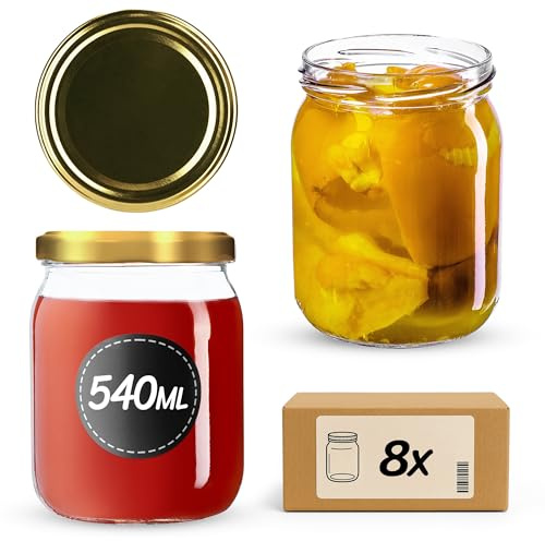 KADAX Syltburkar 540 ml, konserveringsburkar med skruvlock, glas med skruvlock, konserveringsburkar, förvaringsburkar för insättning av gurkor (8 stycken, guld)