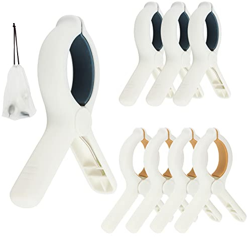 Beach Towel Clips for Beach Chairs Cruise, Strong Grip Clothes Pins Non-Slip Pool Chair Clips Plastic Quilt Drying Clip for Laundry Towel Clothes Blankets Set of 8, with Drawstring Bag(Blue+Khaki)