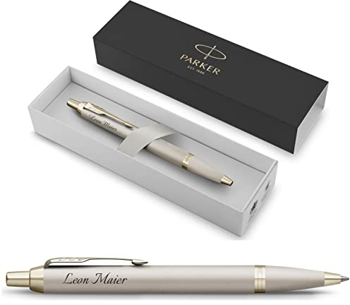 Parker IM Monochrome Kugelschreiber mit Gravur | Premium Stift | Geschenkbox | blaue Tinte | personalisiertes Geschenk | Namen | graviert | Jahrestag | Geburtstag | Geschenk (Champagne)