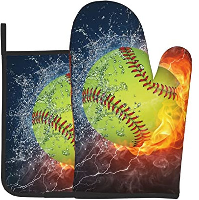 LAMAME Ofen-Handschuhe und Topflappen-Set mit orangefarbenem Softball Baseball auf Feuer und Wasser, waschbar, für die Küche