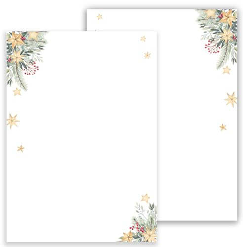 Weihnachtsbriefpapier Briefpapier/Briefumschlag Set mit grünen Zweigen und Sternen bedruckt 2 seitig A4 120 g/m² c6 80 g/m² von 10 bis 50 Blatt mit Umschlägen Kuvert (50 Briefpapier OHNE Umschläge)