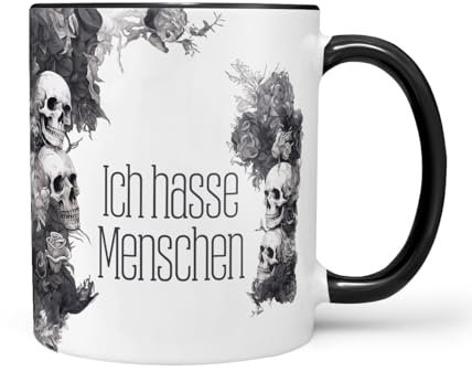 Sunnywall Keramiktasse Kaffeetasse Tasse mit Spruch Statement Ich hasse Menschen - Sarkasmus - lustig - Skull - Skelett Keramik 330ml