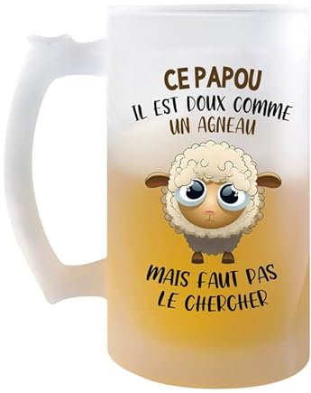 Planetee Chope Ce Papou Doux comme un Agneau | Verre à bière Pinte Fête des Pères Prénom Cadeau Anniversaire Noël Humour