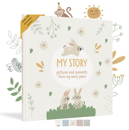 HuBorns - Babyalbum Erstes Jahr bis 5 zum Einkleben von Fotos, Fotoalbum Kinder +50 Seiten und Stickern, Originelles Erinnerungsbuch Baby, Fotoalbum Baby für Babyparty Geschenk