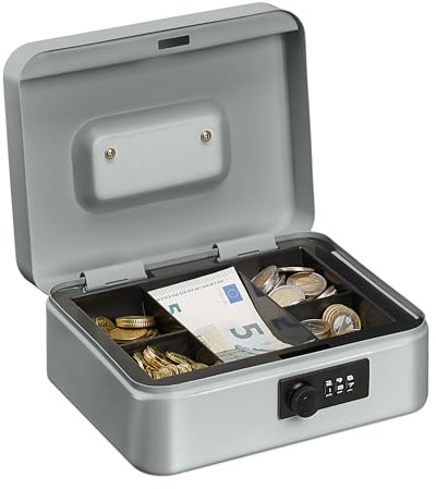 Relaxdays Caisse à Monnaie, avec Combinaison à 3 Chiffres, Rangement d’Argent en Fer, H x L x P 8,5 x 20 x 17 cm, Argent