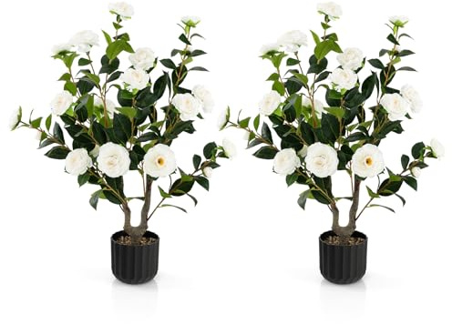 COSTWAY 2er Set Kunstbaum mit Blüten 95cm, Künstlicher Kamelienbaum, Kunstpflanze im Topf, Kamelienpflanze mit 24 Blüten & natürlicher Stamm, Kunstblume Zuhause, Zimmerpflanze Dekopflanze (2, Weiß)