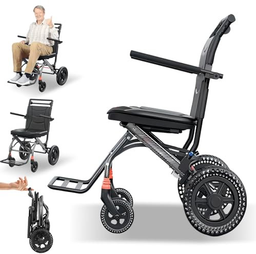 Bueuwe rollstuhl faltbar leicht, rampe rollstuhl, rollator schmal für wohnung, Sitzfläche 43 cm, Reiserollstuhl, Transportrollstühle, Belastbarkeit 150 kg, für die Wohnung und Unterwegs