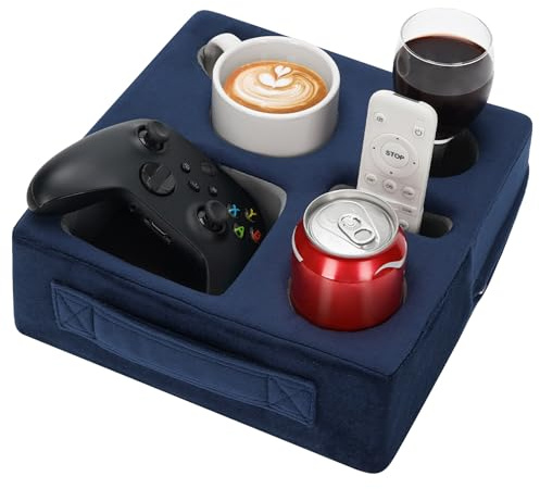 STBoo Couch Cup Holder Pillow - Sofa Drink Cup Holder Cozy Buddy | Bed Caddy Organizer Holds Remote, Snacks, Phones | Waterproof Anti-Spill Sofa Beverage Tray for Car, Pack, Beach, RV, Boat (Navy)