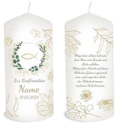 Kerze Konfirmation individuell mit Namen als Tischdeko. Tischdekoration Konfirmation als Geschenk personalisierbar. Liebevolle Kerze Eukalyptus Fisch Kranz Brenndauer: 35 Stunden, Ø6 x Höhe 16,5 cm