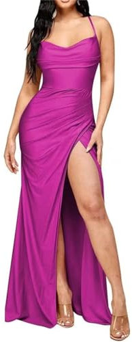 HPPEE WYX565 - Vestido largo de satén con abertura alta, tirantes delgados, fruncido, acampanado, formal, para fiesta de noche, fucsia, 48
