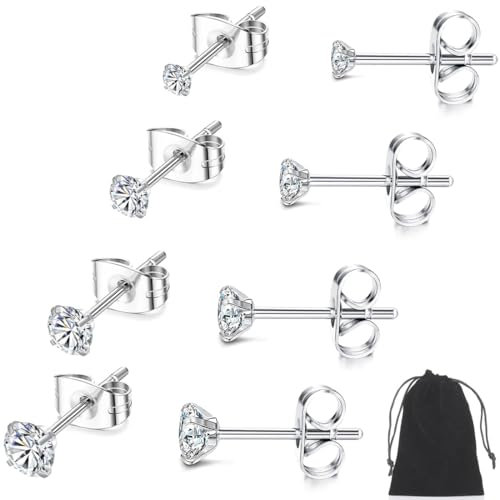 ZKGYUS 4 Paar Ohrstecker Silber 925 Ohrringe Set For Damen Herren Hypoallergen Sleeper Stud Set 3-6mm