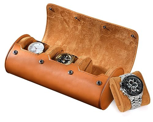 BAIGIO Tragbare Uhrenrolle Uhrenbox mit Uhrenkissen Watch Box Case Travel 3 Fächer Uhrenaufbewahrung Reise Uhrenetui Uhrenkasten Uhren Aufbewahrungsbox PU-Leder Uhrenkoffer für Damen Herren, Braun