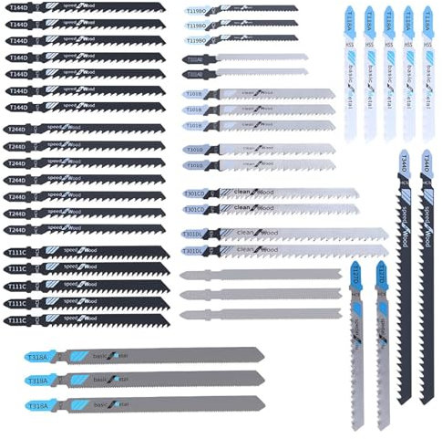 Meichoon Lama per sega a gattuccio, 48 pezzi, Assortimento Manico a T Lame per seghetto alternativo universale Denti medi sottili HCS/HSS per il taglio di legno plastica e metallo DC610