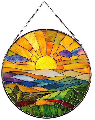 Payutou Hanging Stained Glass for Windows,20cm/7.87inch Sunrise Stained Glass Suncatcher Garden Hangings Christmas Mother's Day, Valentine's Day Ornaments Festival Housewarming Gift