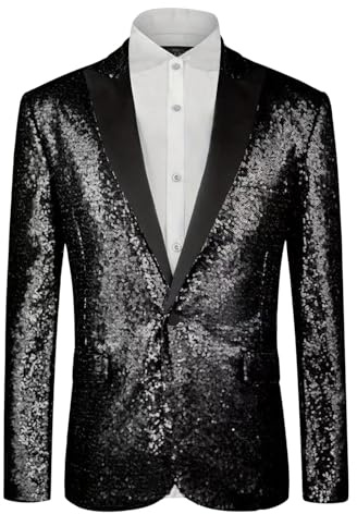 Blazer con paillette, da uomo, per feste, con brillantini, giacca con paillettes, slim fit, alla moda, da uomo, con colletto a risvolto, per smoking, per feste, uniformi dorate, glitter, Nero , S