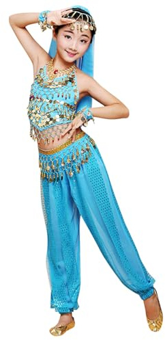 Kinder Bauchtanz Kostüm Set Orientalischer Tanz Mädchen Bauchtanz Bauchtanz Kleidung Bauchtanz Kind Kinder Indisch Tanzklasse Belly Dance Tanzkostüm Hip Hop Outfit Verkleidung (Sky Blue, 11-12 Years)