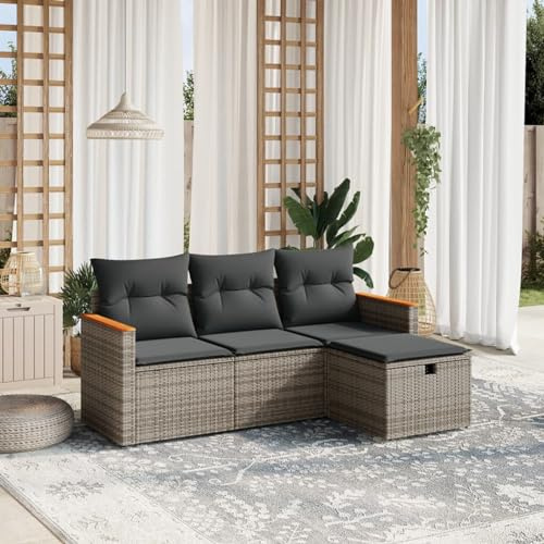 IKAYAA 4-TLG Rattan Balkonlounge Gartenlounge Set Gartenmöbel Klein Balkonmöbel Sofagarnitur Balkon Gartenlounge Rattan Ecklounge Gartensofa Balkon Sofa mit Kissen Grau Type-10