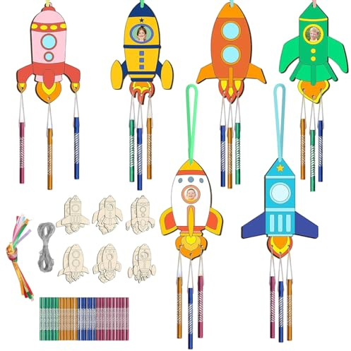 Werownsgso 12 Stück Raketen Stil Bastelset Set, Kindergeburtstag Basteln Rakete mit 36 Windspiele, Unvollendete Weltraum Geburtstag Party Dekoration für Jungen Mädchen DIY Handwerk
